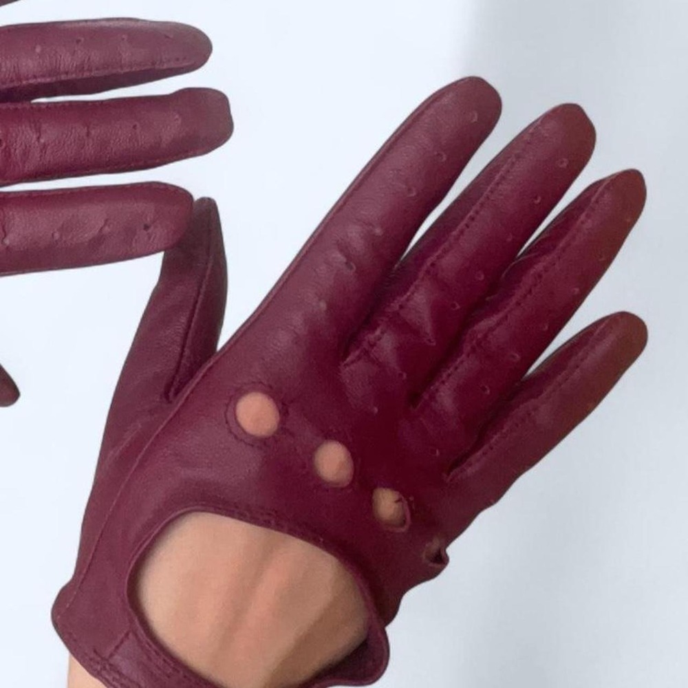 Burgundy leather driving gloves with cut out details